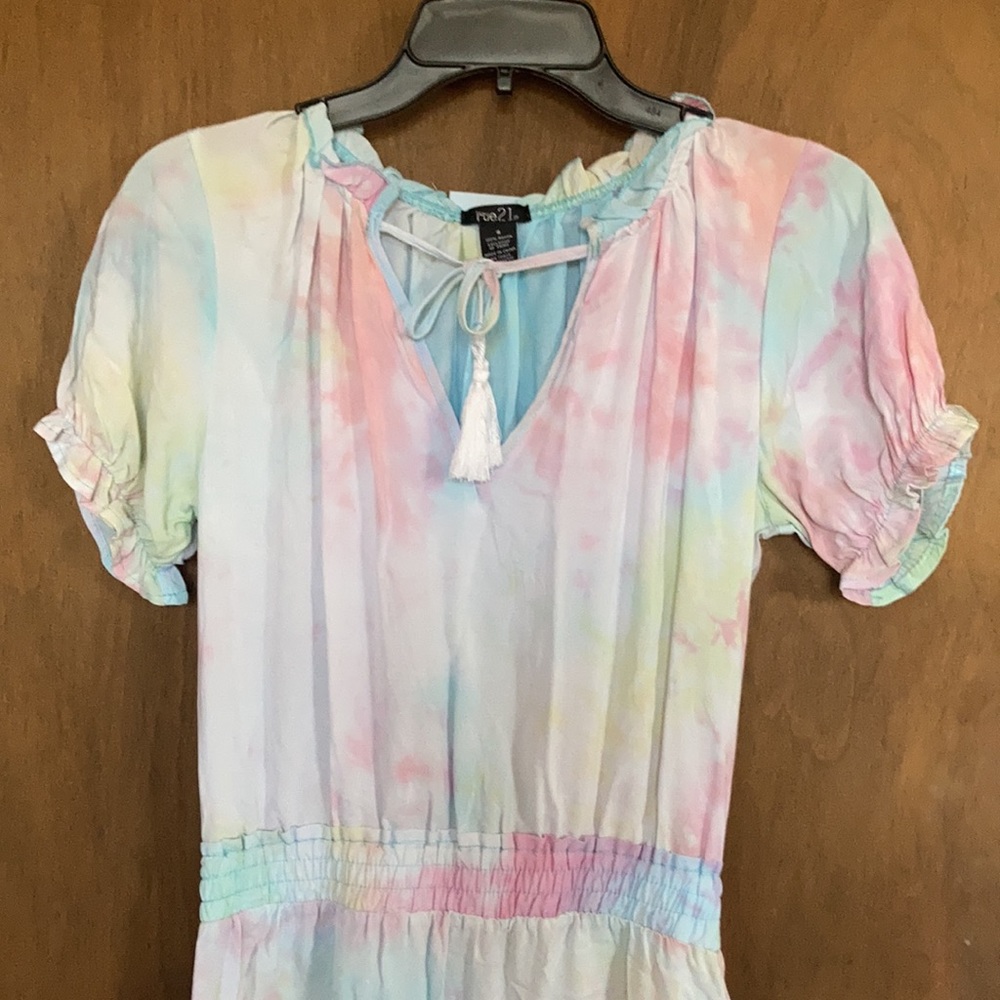 Rue 21 XS jrs dress puff sleeve pastel tie dye w tassel tie boho casual - Picture 4 of 14